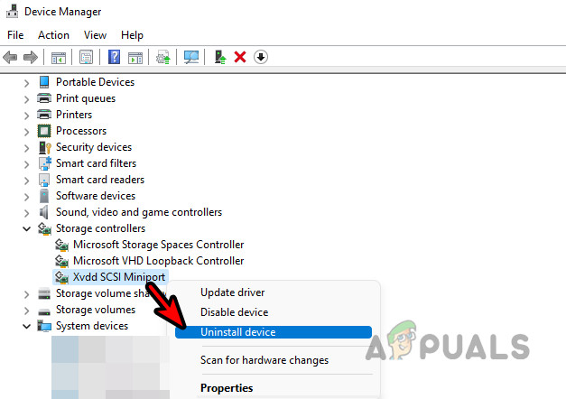 XVDD SCSI Miniport'u Aygıt Yöneticisinden Kaldırma