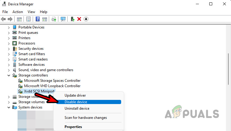 Aygıt Yöneticisinde XVDD SCSI Miniport'u devre dışı bırakın