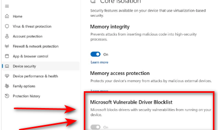 Microsoft Savunmasız Sürücü Engelleme Listesi Seçeneği Grileşti / Gösterilmiyor