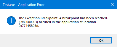 Windows'ta istisna kesme noktası hatası iletişim kutusu